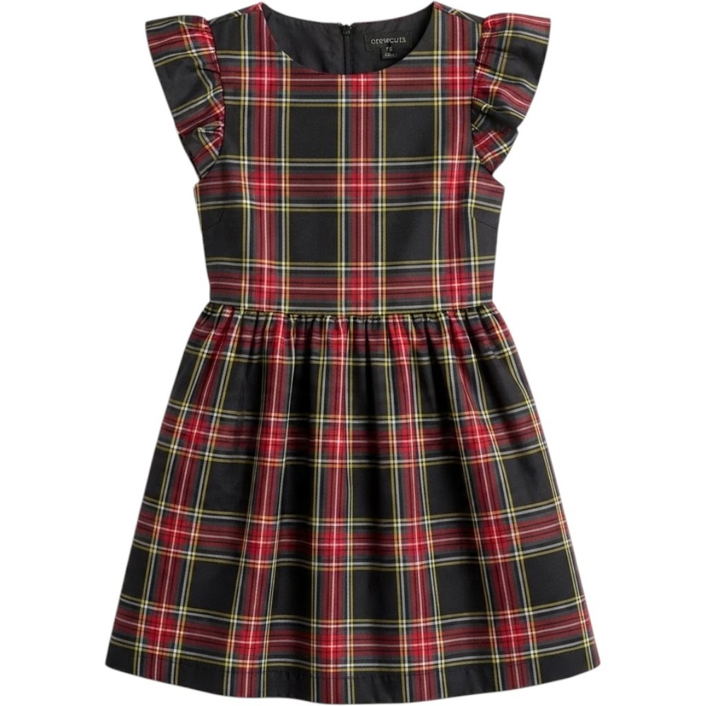 Crewcuts Kids Plaid Ruffle Sleeve Party Holiday Dress Size 8 Black Red Tartan